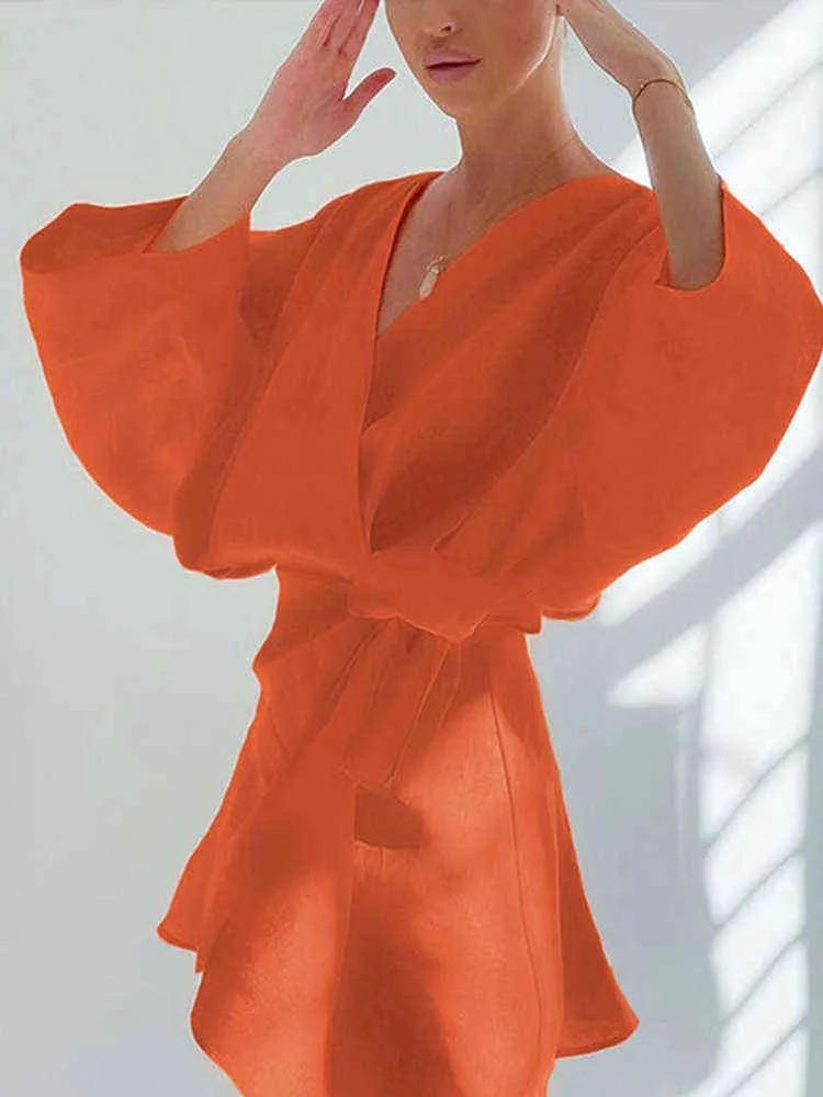 여성용 린넨 면화 단수 미드 길이 랜턴 슬리브 드레스 2022 여름 새로운 가벼운 통기성 불규칙한 레이스 업 미니 로브 T220816