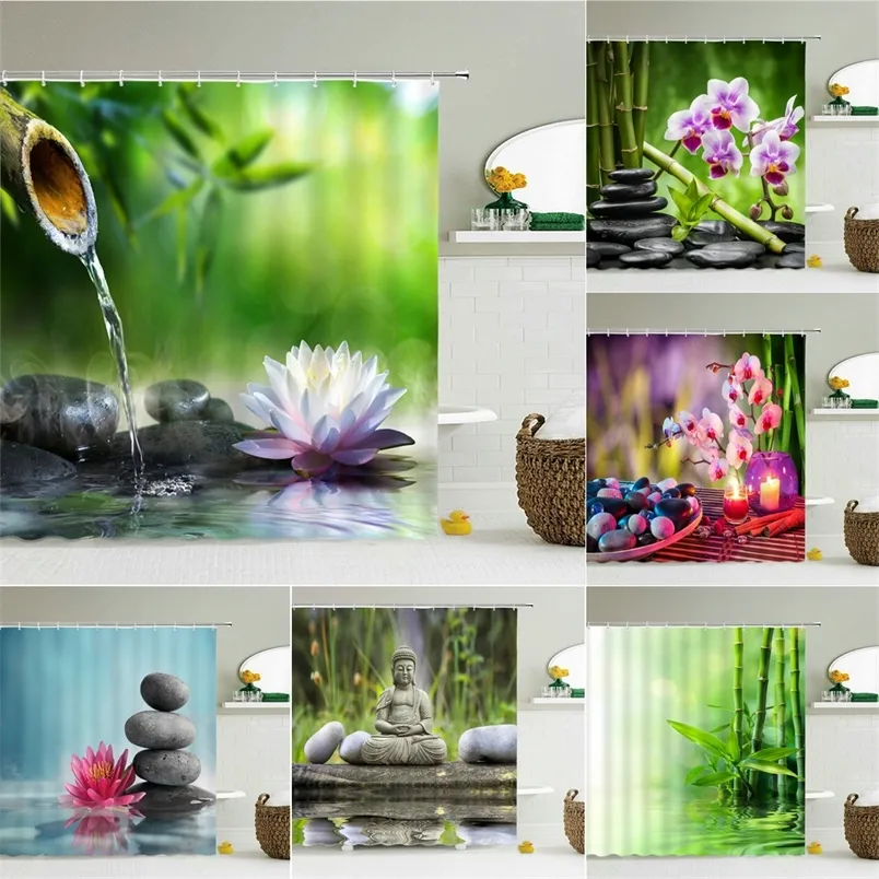 Zen-Duschvorhang, Badezimmer-Dekoration, 3D-Bambus, fließendes Wasser, grüner Bambus-Buddha, Duschvorhänge, wasserdicht, waschbar, Bildschirm 220517