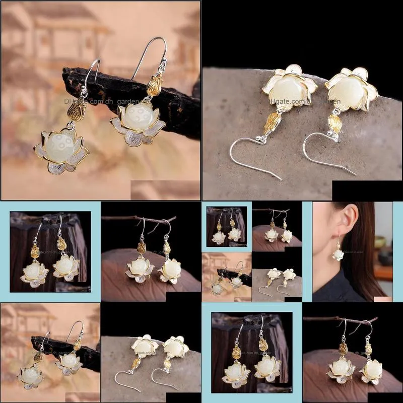 925 Sterling Silver Natural Stone White Jade Lotus Flower Drop Earrings Vintage Ethnic Earring For Women