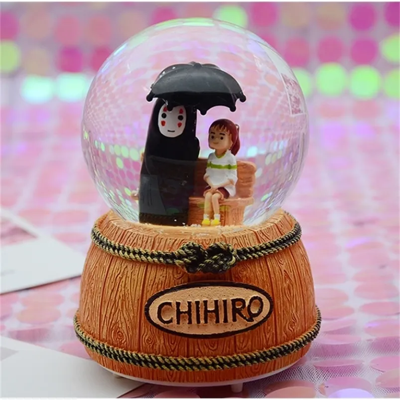 Spirited Away Kaonashi Crystal Ball Box Pudełko urodzinowe Girling Shlowing Snowflakes pudełko muzyczne domowe dekoracja pulpit ozdoby 210319