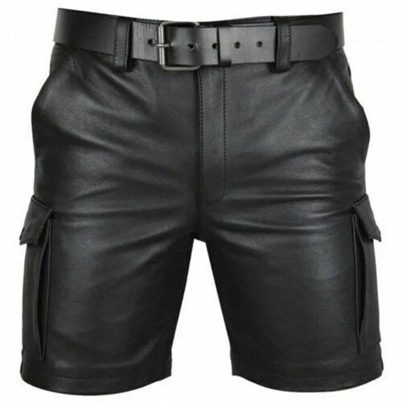 Thoshine Brand Summer Men Leather Shorts Elastic Outerwear Short Pants Male Fashion PU Faux 220401