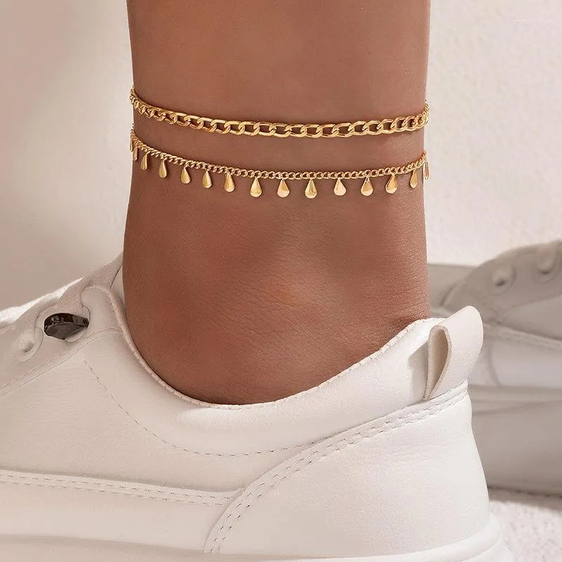 Bedelarmbanden Summer Beach Water Drop Wafer Dubbele laag Anklet Geometrische kleur Diamant ingelegde meerlagige ankletcharm Lars22