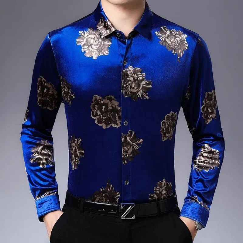 Men's Casual Shirts Ink Flower Pattern 3d Printing Business Long Sleeve Shirt Autumn Quality Velvet Soft Smooth Boutique Men M-XXXLMen's