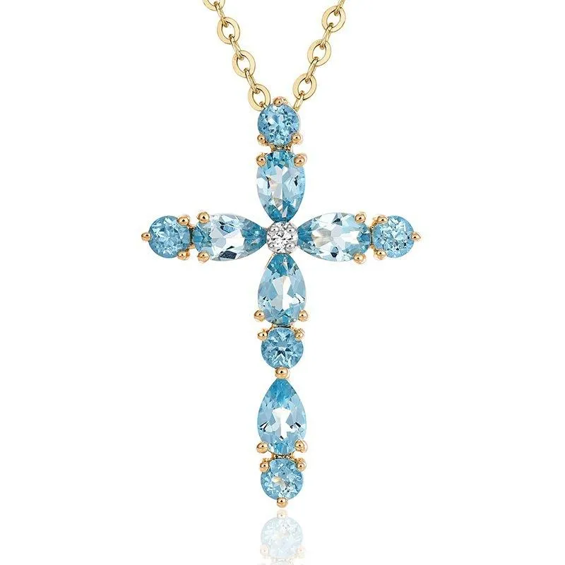 Pendanthalsband Hoyon Natural Blue Topaz Necklace For Women 18k Gold Color Gemstone Trendy Elegant Cross Fine Jewelry