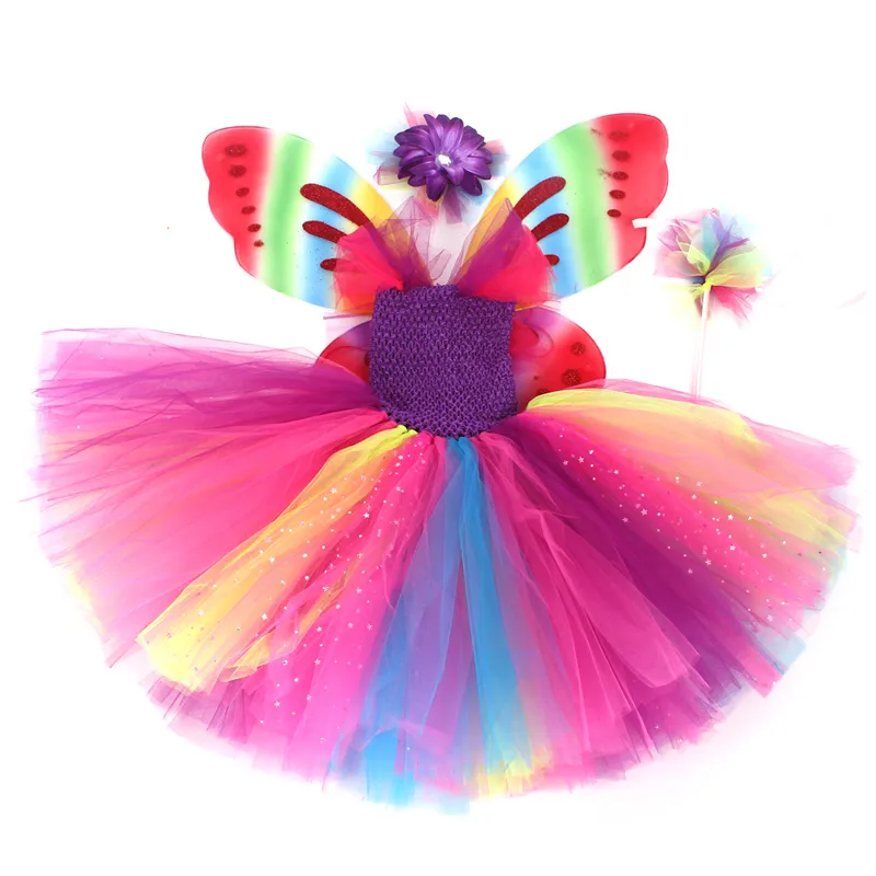Girls Butterfly Fairy Fancy Tutu Dress Wings Costume Kids Princess Birthday Party Dress Halloween Cosplay Kids Spring Tulle Dress (14)
