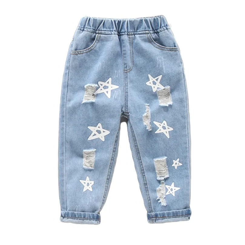 Bébé Fille Déchiré Jeans Étoile Motif Jeans Pour Filles Trou Jeans Infantil Printemps Automne Bébé Fille Vêtements 210412