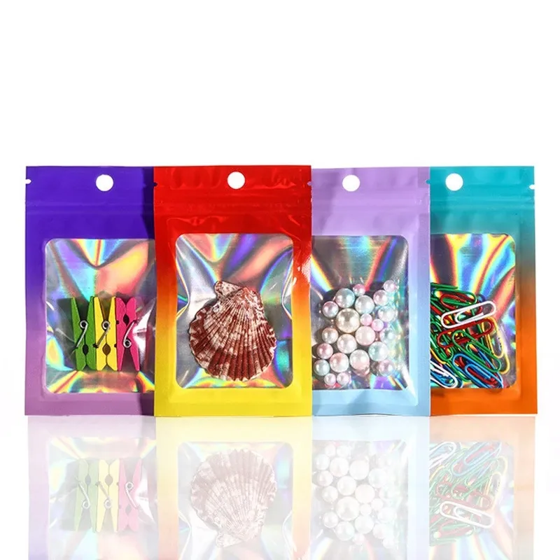 100pcs الكثير من الليزر الألومنيوم رقائق بلاستيكية حقيبة ألوان تدرج الأكل أكياس ختم حقيبة سحاب
