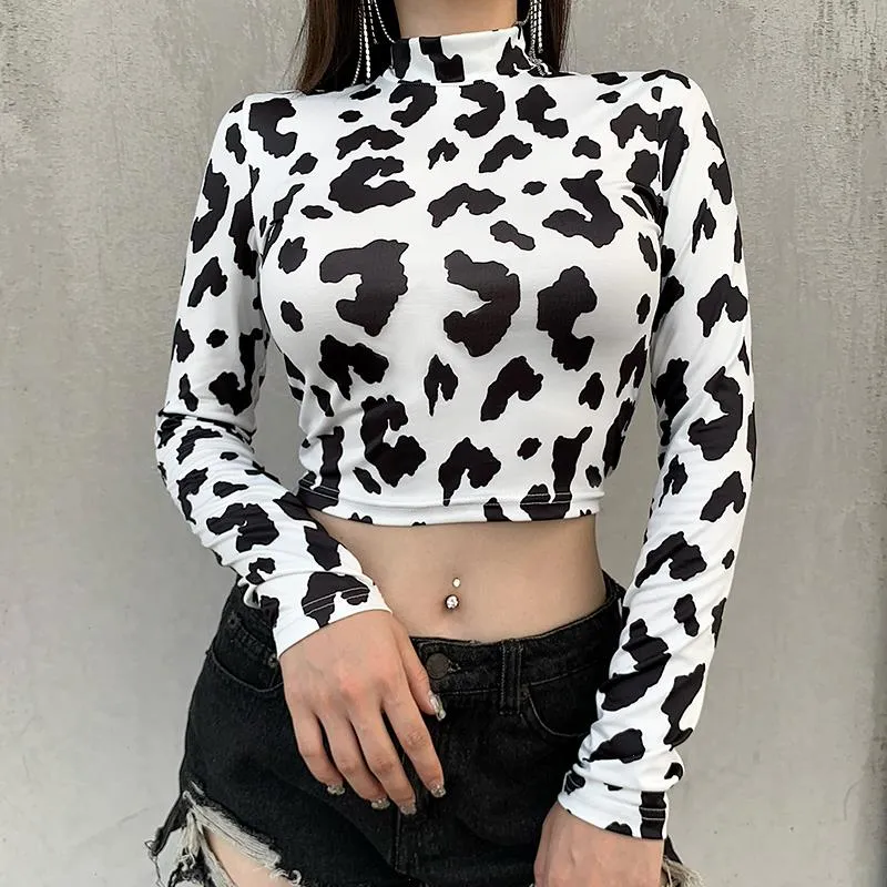 Sexiga kvinnor mjölk toppar ko mönster tryck skörd topp kvinnlig långärmad smal fit semester mode avslappnad kort t -shirt