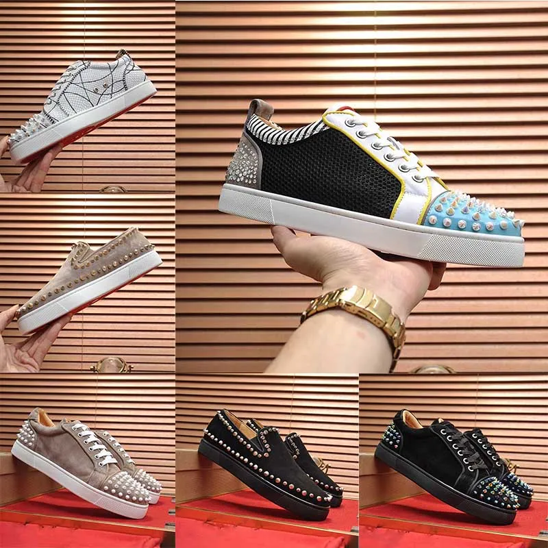 Designer luxury casual shoes, red soles, men's and women's ball wedding shoes, sneakers, black and blue suede, silver diamonds, low-cut flat spikes with dust bags and boxes.