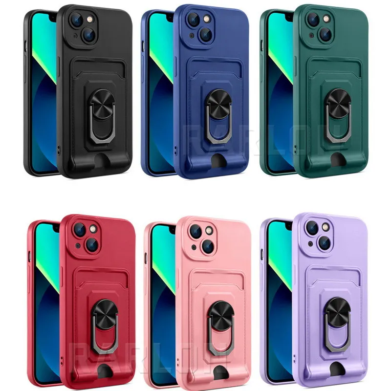 Cajas de teléfono con protección de lentes multifuncionales con bolsillo para tarjeta Soporte de anillo magnético para iPhone 15 14 Pro Max 13 12 11 XS Samsung S23 Ultra S22 S21 FE A14 A54 A73 A33