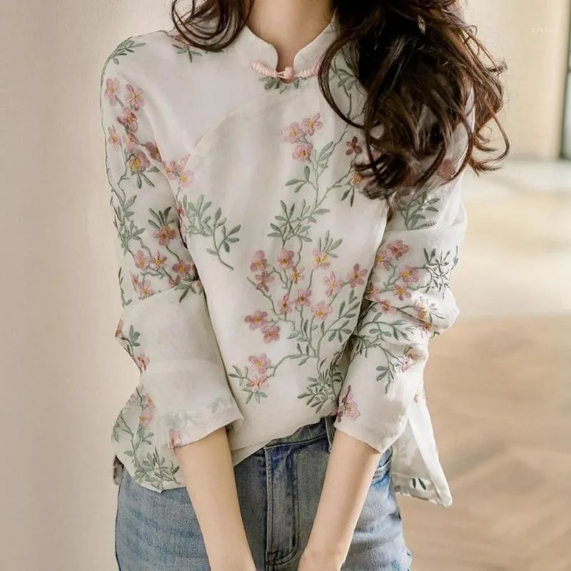 Bluzki damskie Koszule Elegancka koszula damska Haft w stylu chińskim Z długim rękawem Cheongsam Na co dzień Top
