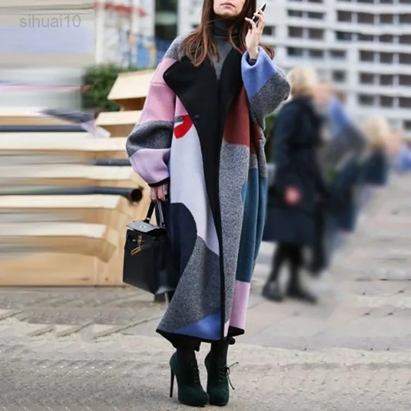 Qingwen Fashion Color-Blocking Lapels Digital Print Dubbelsidig Wool Coat Autumn/Winter Coat Women Casaco Feminino Inverno L220725