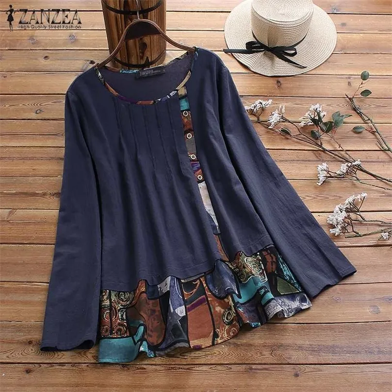 Femmes Patchwork Blouse 2020 ZANZEA Vintage Imprimé Tops Casual Manches Longues Tee Shirts Femme Bouton Blusas Plus La Taille Tunique Y200623