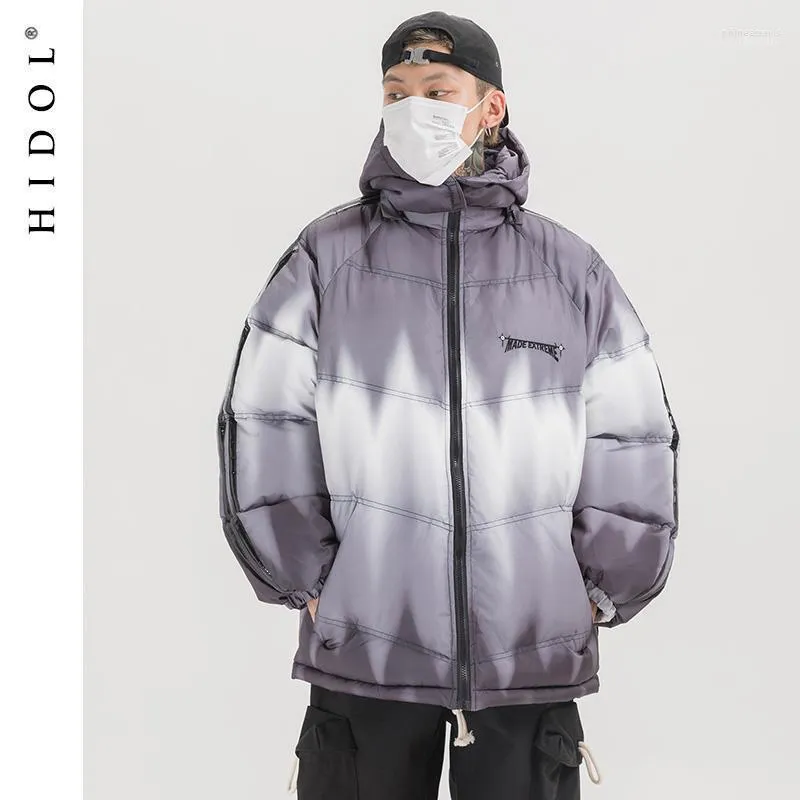 Herrarna ner parkas vinter tjock överdimensionerad gradien parka rockar vintage reflekterande sidor rand blixtlås huva jacka män hip hop swag grå/purp