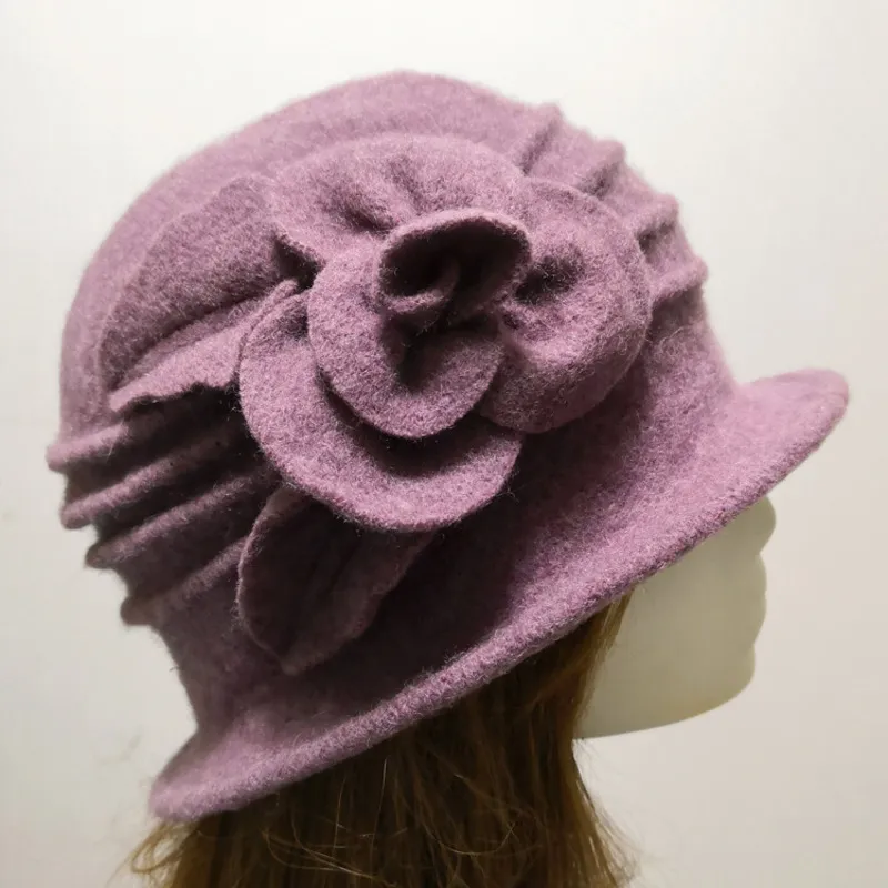 Women's Fedora Hat Ladies Elegant Wool Flower Hat Winter Vintage Cloche Bucket Cap Woman Party Headwear Chapeau Femme 220726