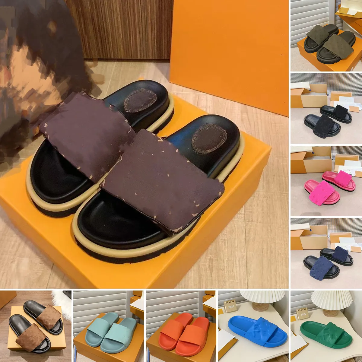 LYX L Designer Män Kvinnor Tofflor Sandaler Präglat Utskrift Poolkudde Krokögla Mule Sommar Platt häl Skuff Slides Flip Flops Strandsandaler Storlek 35-45