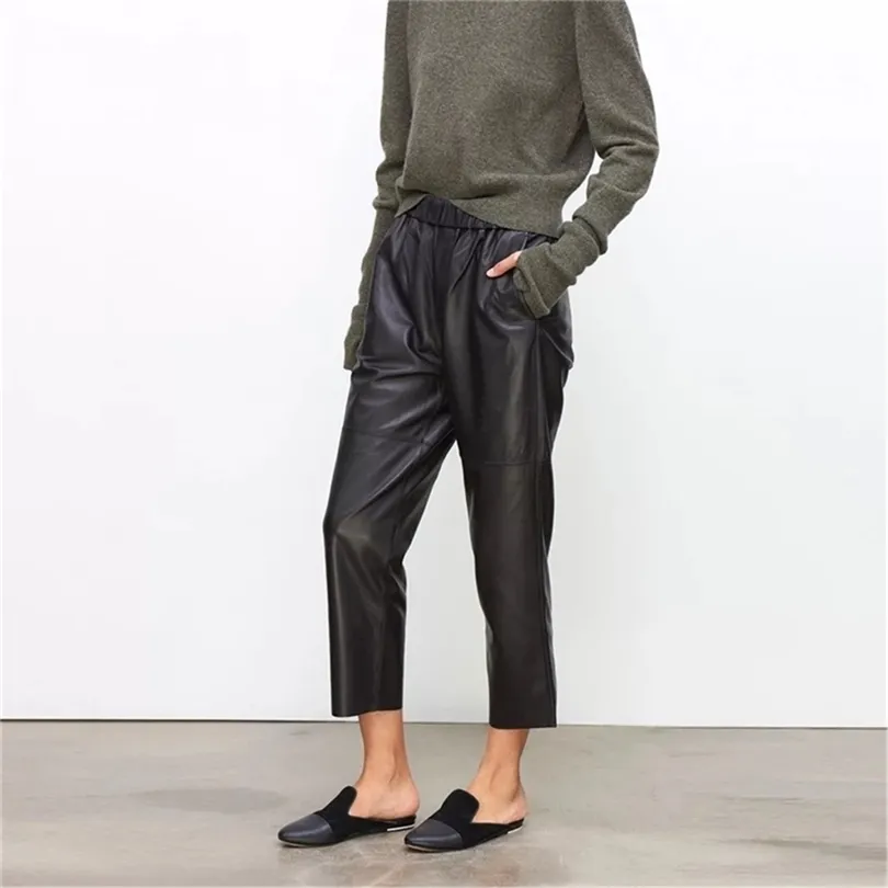 Женщины PNAT настоящие кожаные брюки Женские кожаные брюки с высокой талией брюки с гаремами плюс размер новая эластичная талия брюки уличной одежды 201112