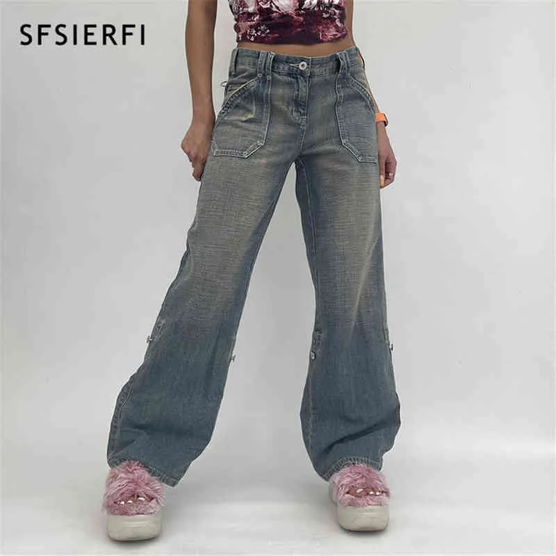 SFSIERFI Ins Style y2k Jeans Street Hipster Vita bassa Tasca stile Harajuku Pantaloni gamba dritta Lavaggio ad acqua Jean Donna Donna Bott T220728