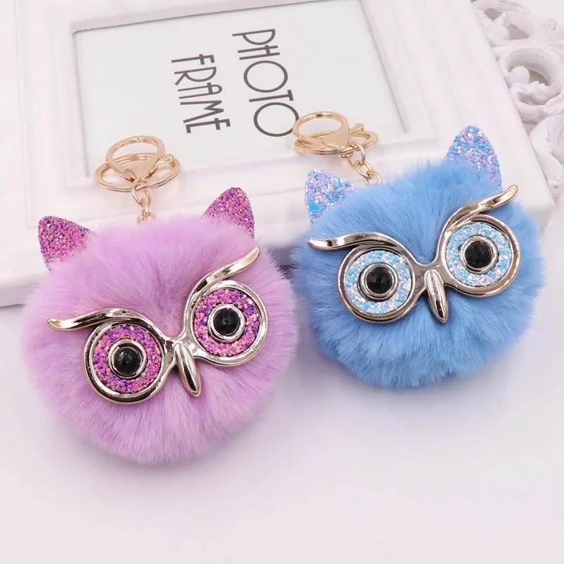 Owl Ear Bag Car Pendant Ball Keychain Charm Fluffy Pompom Key Chain Animal Glasses Handbag Key Chains Fashion Accesories