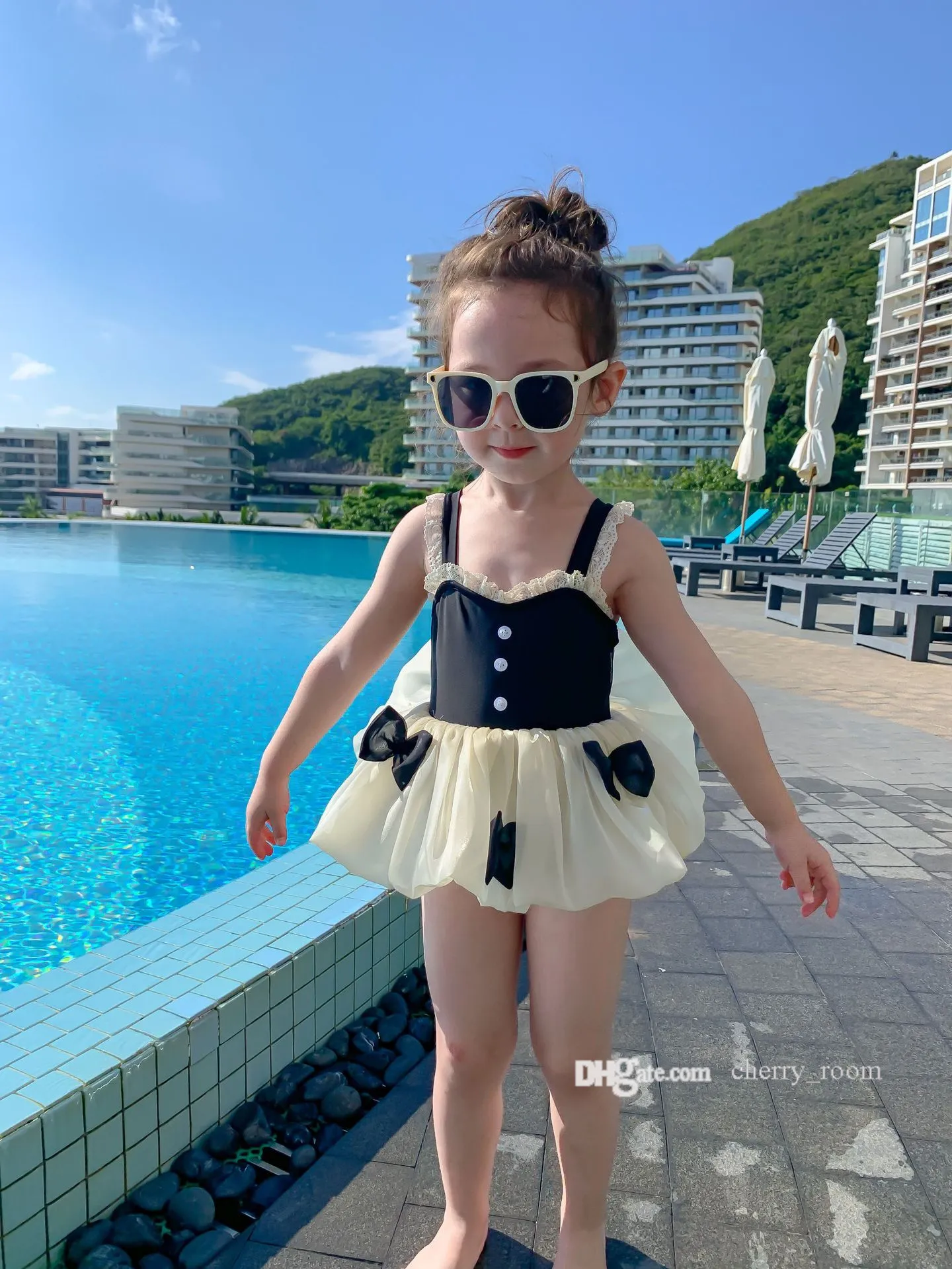 2022 Kinder einteiliger Badeanzug süße Baby Mädchen Sommer Bowknot Gaze Rock schnell trocknende Badebekleidung Prinzessin Kinder Spaghetti Strap Spa Badeanzüge S2134