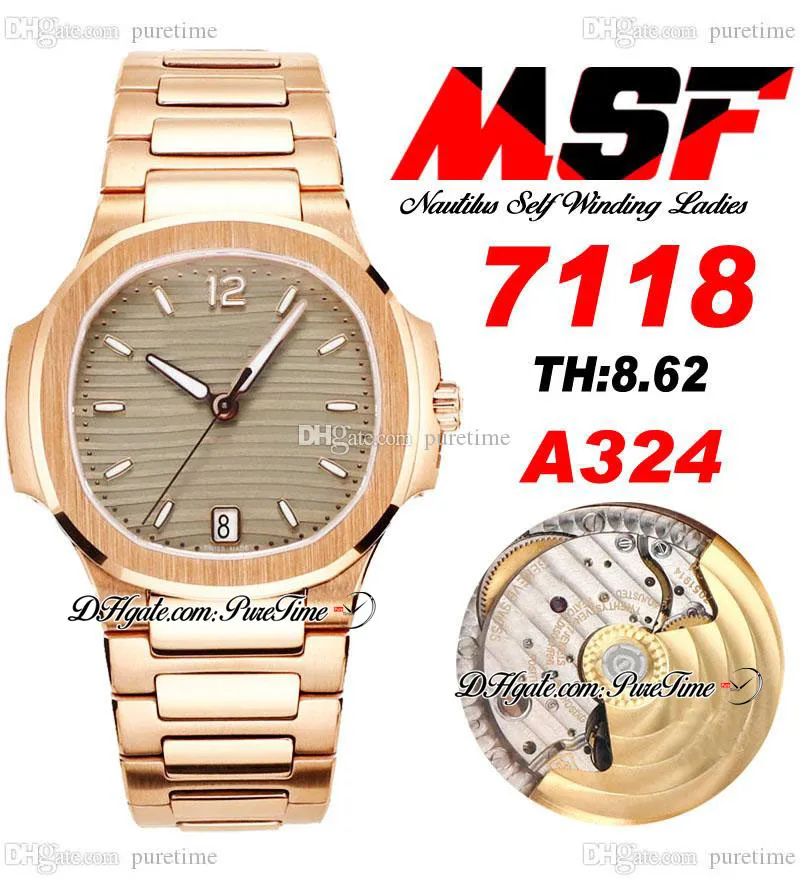 MSF 7118 A324 Orologio automatico da donna Orologio da donna in oro rosa quadrante grigio strutturato Bracciale in acciaio inossidabile Orologi Super Edition Puretime E5