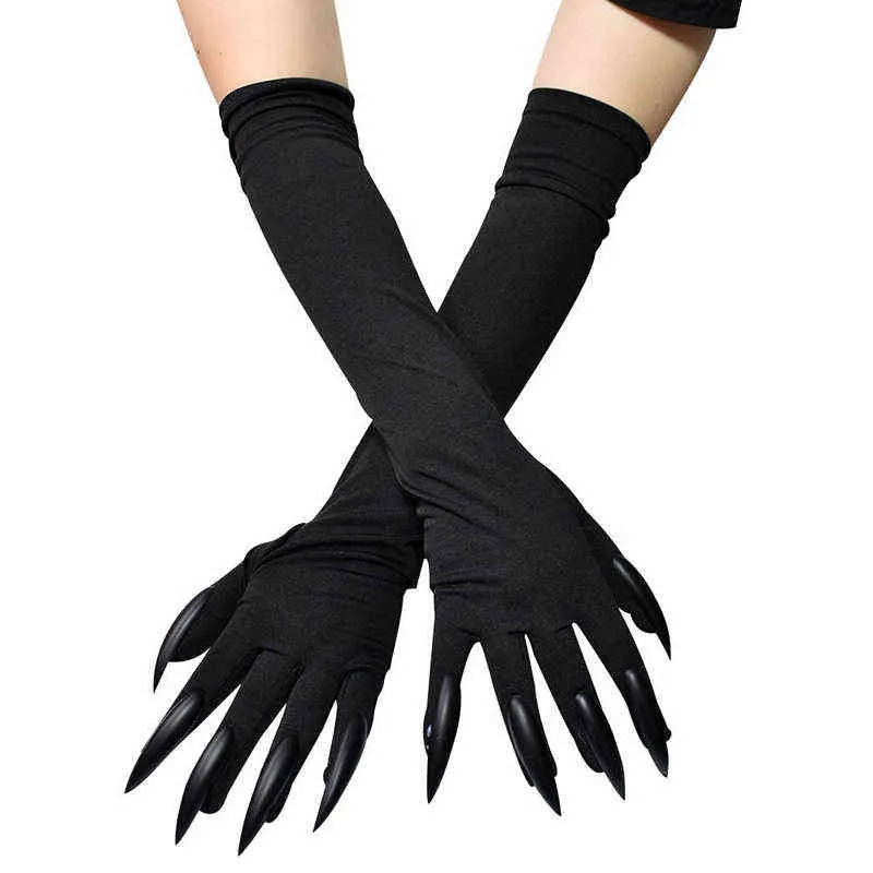 Halloween Ghost Poot Cat Demon Witch Long Performance Gleves Women Cosplay Black Elastic Satin Full Finger Funges R43 J220719