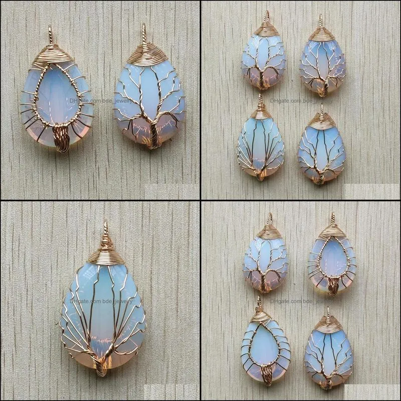 gold color opalite opal wire wrap handmade tree of life charms natural stone pendants diy necklace jewelry making