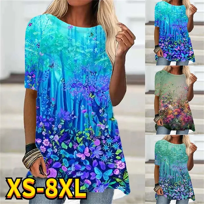 Summer Womens Floral Theme Printed Painting Pullover Female Round Neck T Shirts Fational 3D Tops Plus Size 220527