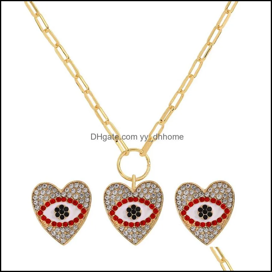 High-end Angel Eye Pendant Necklaces Earrings Set Simple Retro Diamond Clavicle Chain Alloy Rhinestone Earring French Devil Eyes Ear Jewelry Gift Bar