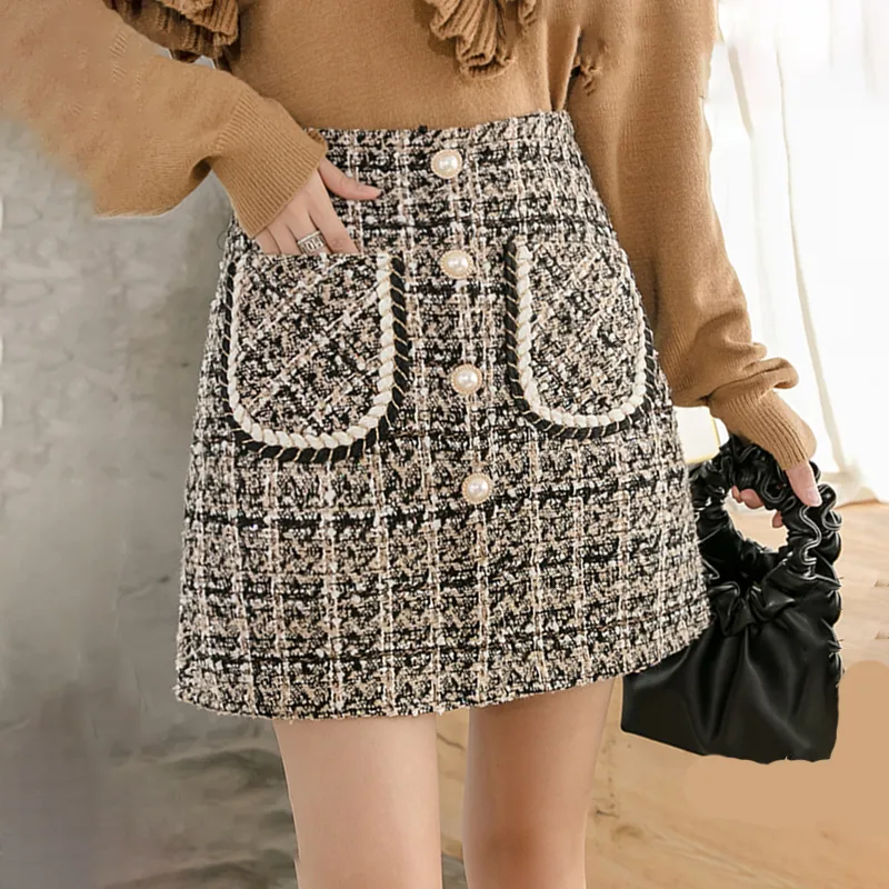 High Waist Pearl Button Mini Pencil Plaid Wool Tweed Tweed Mini