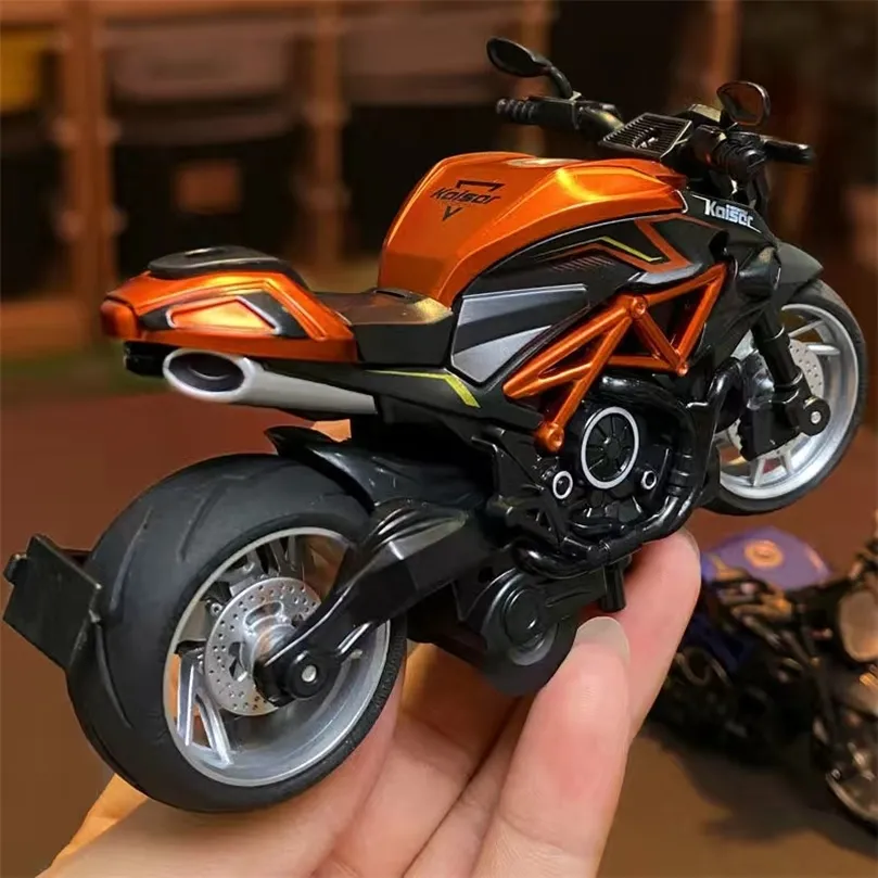 1:14 Simulatie Motorfiets Trek terug legering Lichtmodel Lichtgeluidseffecten Racing Motorfietscollectie Miniatuur ornamenten 220507