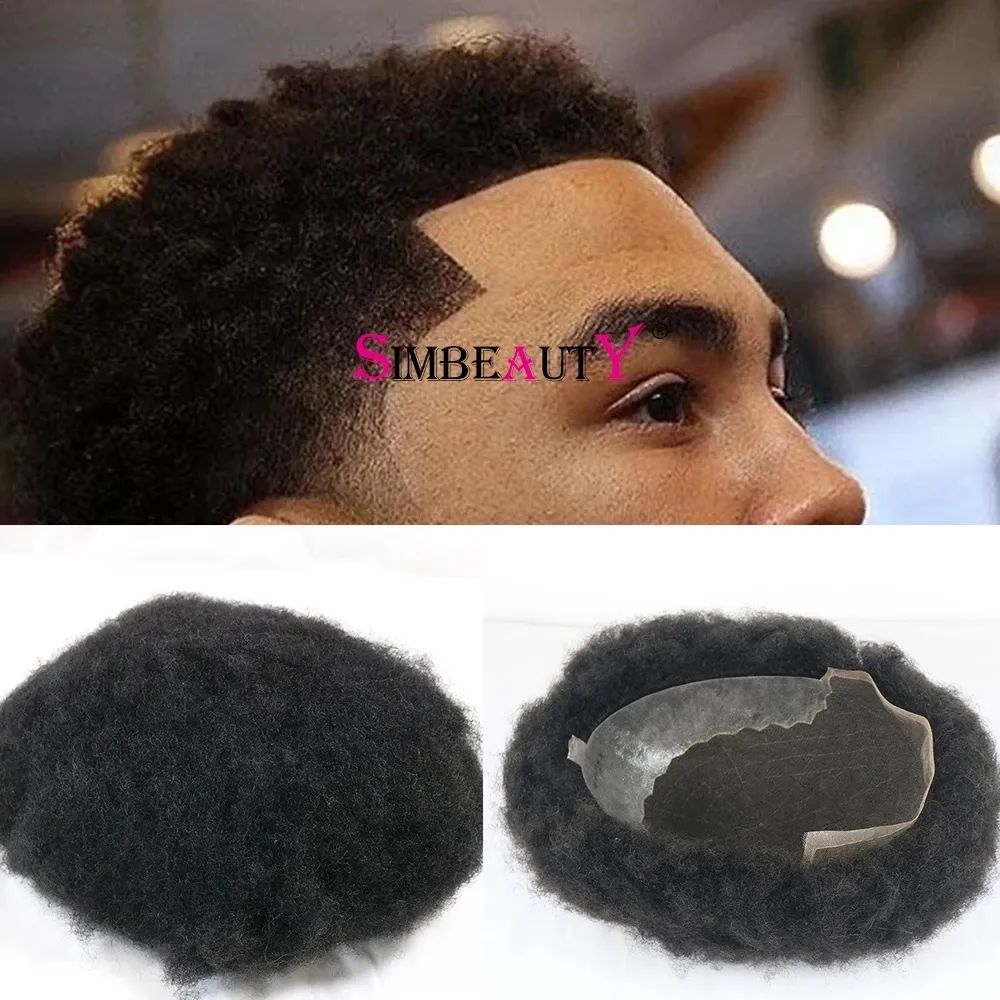 4MM Afro Kinky Curly Q6 Base Human Hair Lace Front Toupee For Men Durable Full Lace Replacement System Wigs Natural Hairline