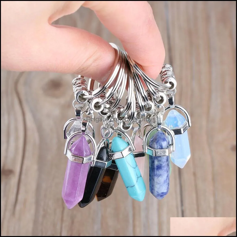 natural stone keychain pink opal crystal colorful key chains rings healing crystal car decor keyrings keyholder for women men