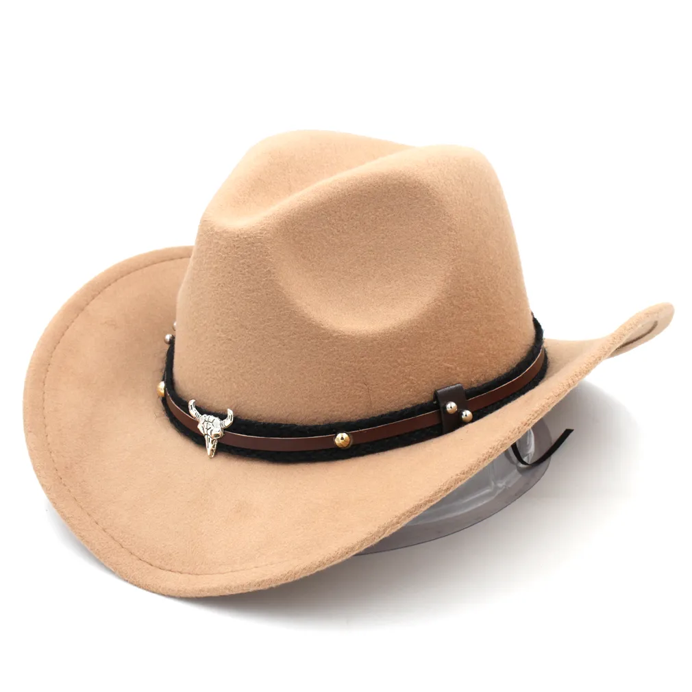 Moda mężczyźni wełna wełna mieszanka Western Cowboy Cowboy Cap Wide Brim Sombrero chrzesto -ojciec czapki czapki jazz hat tauren skórzany zespół255f