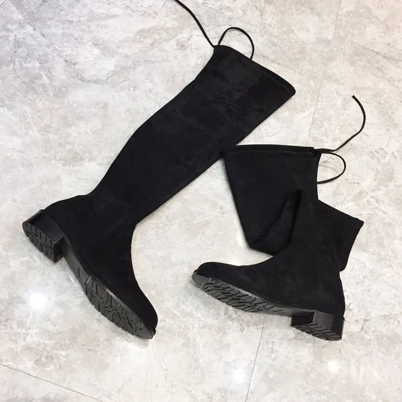 Mode genou bottines femmes chevilles tricot bottillon Tall Boot Karitube noir en peau de mouton veau véritable cuir sur le genou botte robe de soirée de mariage