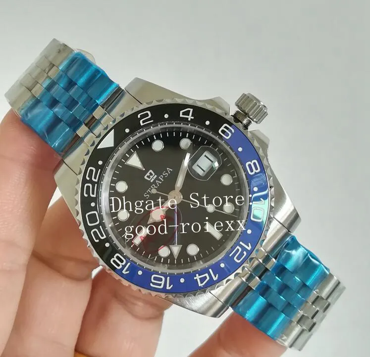 Relógios masculinos azul preto cerâmica moldura relógio masculino vermelho jubileu pulseira automática 2813 data gmt safira perpétuo mestre coroa354a