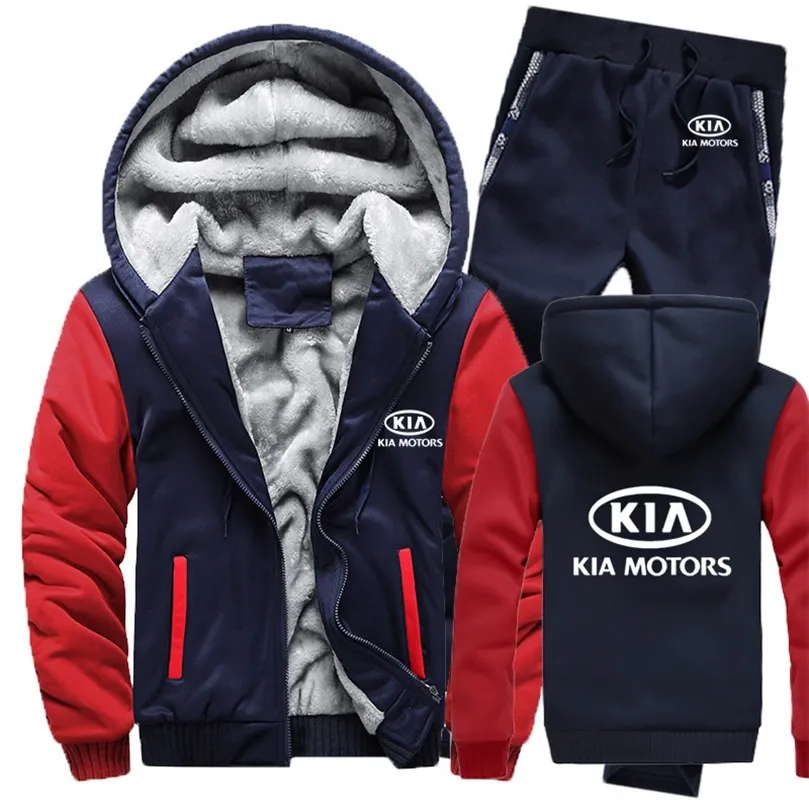 Winter Hoodies Men Kia Car Heren Hoodies Pak Dikke Warm Fleece Cotton Zipper Tracksuit Mens Jacket broek Sets LJ201126