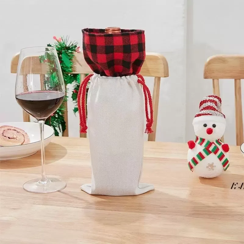 Sublimation Christmas Wine Bag Printed Buffalo Plaid Line Wines Bags Cotton Linen Drawstring Packets Customized Christmas Day Decor