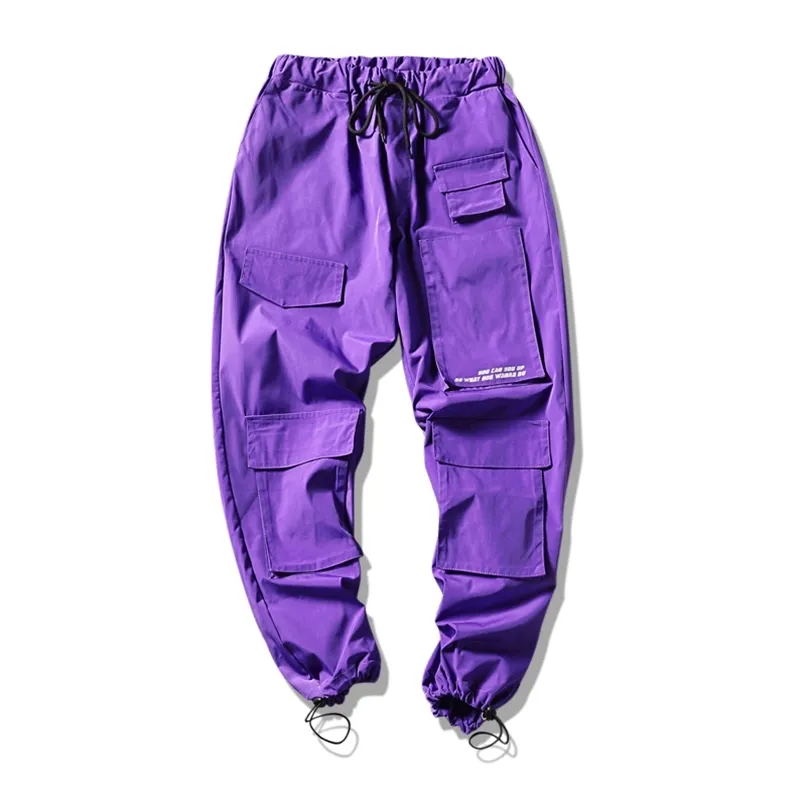 Calças de cargo de rua de rua masculino masculino calça de hip hop calças bolsos de harém calças roxas calças coreanas 220817