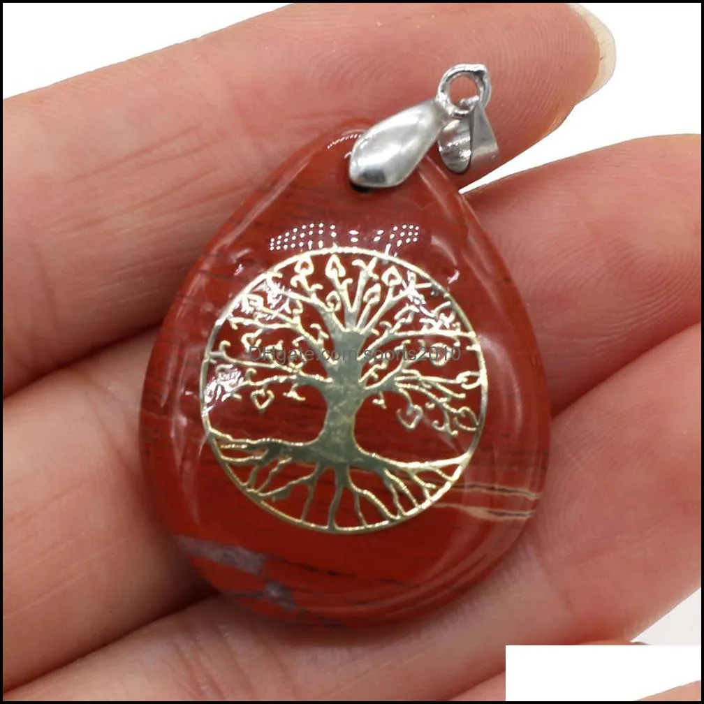 waterdrop natural stone charms reiki healing tree of life symbol crystal turquoises rose quartz stones pendant 25x32mm sports2010