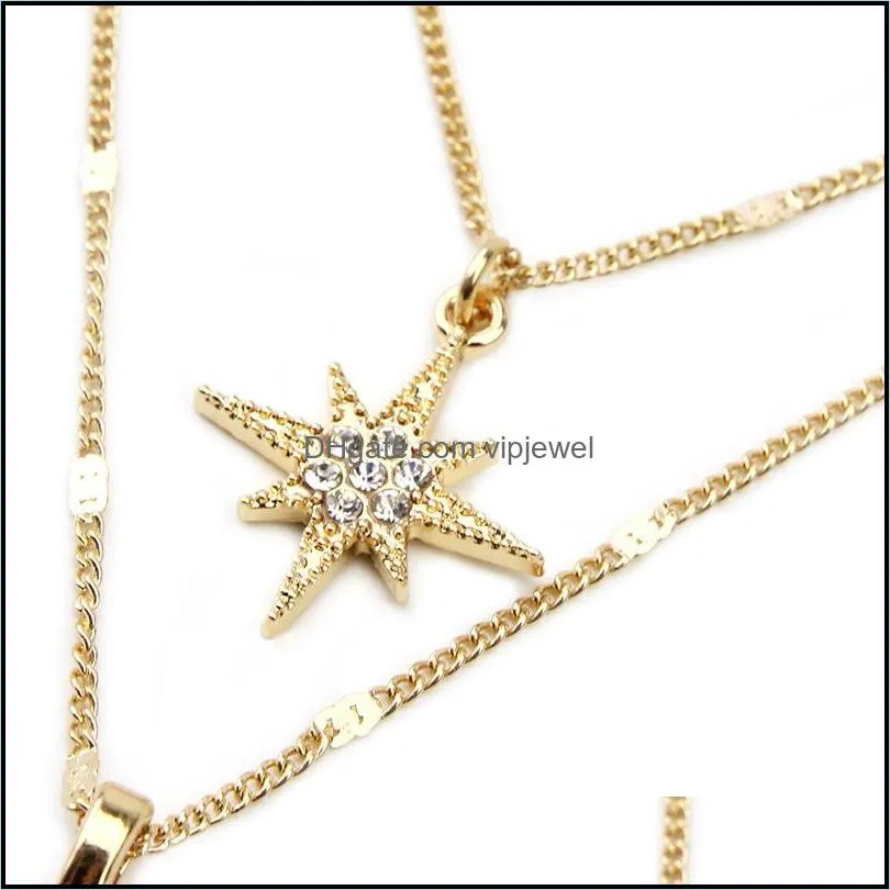 gold double horn layered chain necklace crystal star crescent moon pendant choker necklace for women bohemia boho jewelry