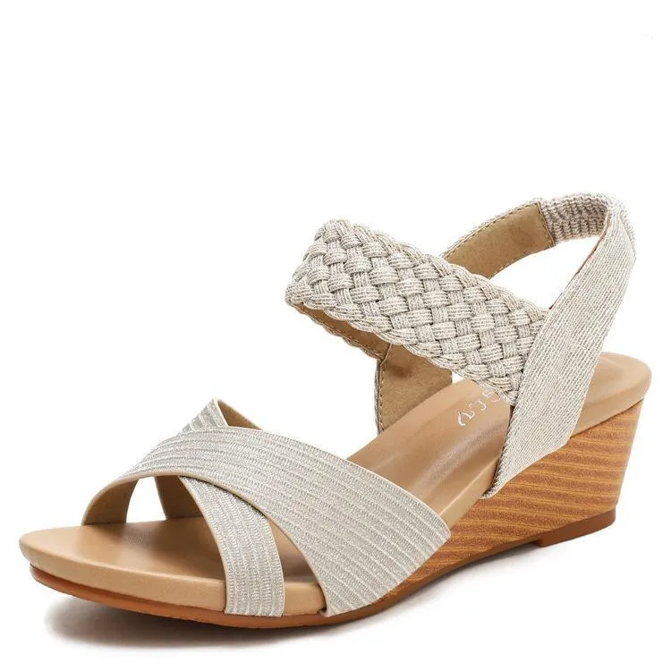 Сандалии сандалии клин каблуки для женщин летом открытый носок большой размер удобные модные туфли сплетенные римские