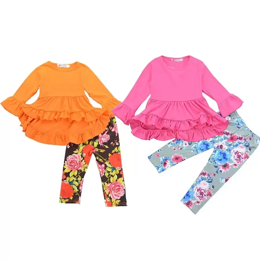 Tenues à manches longues pour filles, tenues imprimées de fleurs, costumes à volants irréguliers, robe de smoking + pantalon à fleurs, 2 pièces/ensemble, vêtements pour enfants, ensembles de survêtement