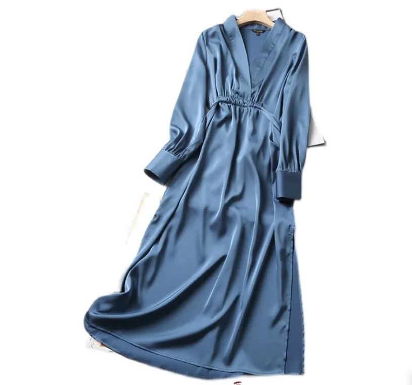 2022 Blue Autumn Fashion Women Elegant Satin Dress Long Sleeve Office Ladies Midi Dress with Slash