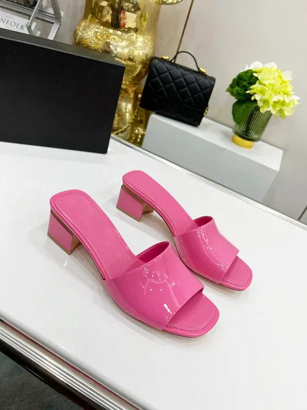 Designer Slippers Women Mules Calfskin Light Pink Slide Sandal Coarser Heels Slippers Summer Luxury Fashion Ladies Beach Shoes with box