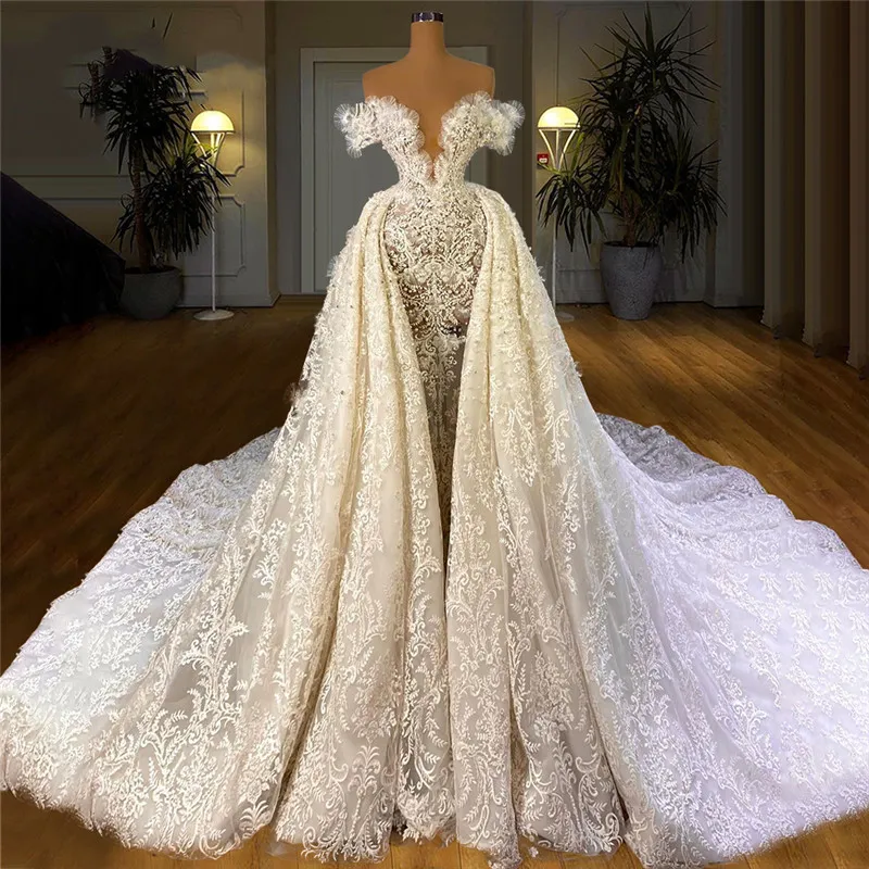 Luxury Arabic Dubai Wedding Dresses 2022 Lace Floral Off Shoulder Princess Mermaid Bridal Gown with detachable train Abito da sposa