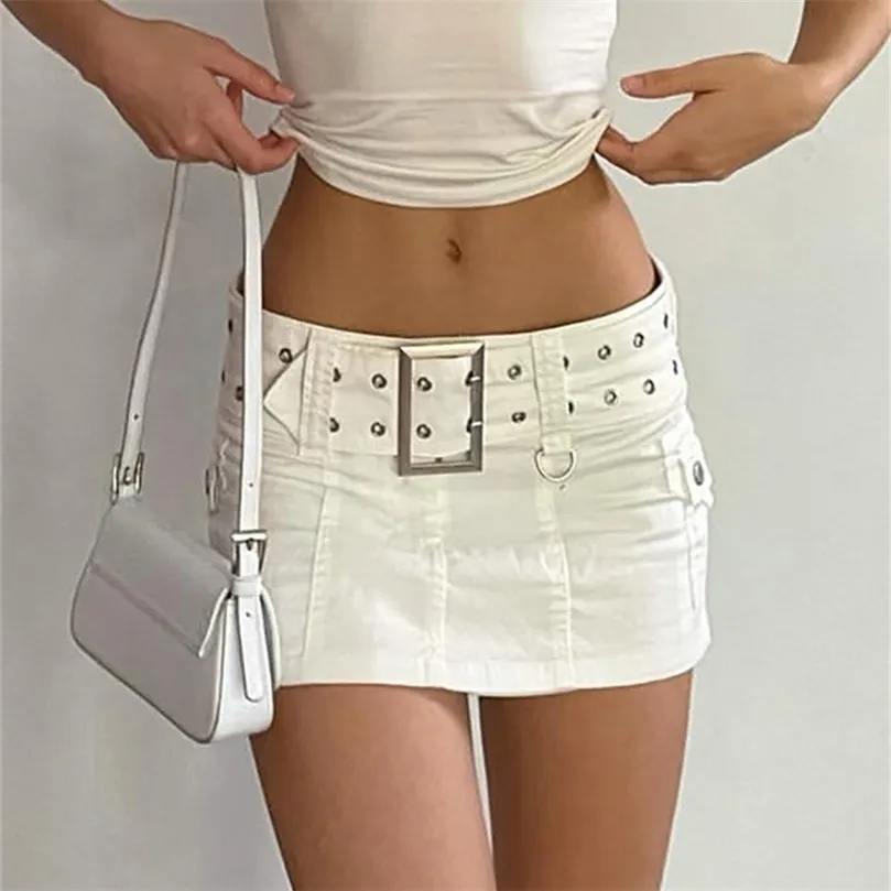 Allneon Y2K Aesthetics Podstawowa paska Micro spódnice 2000s Modna Moda Seksowna kieszenie Biała dżinsowa spódnica urocza dna klubowa odzież 220701