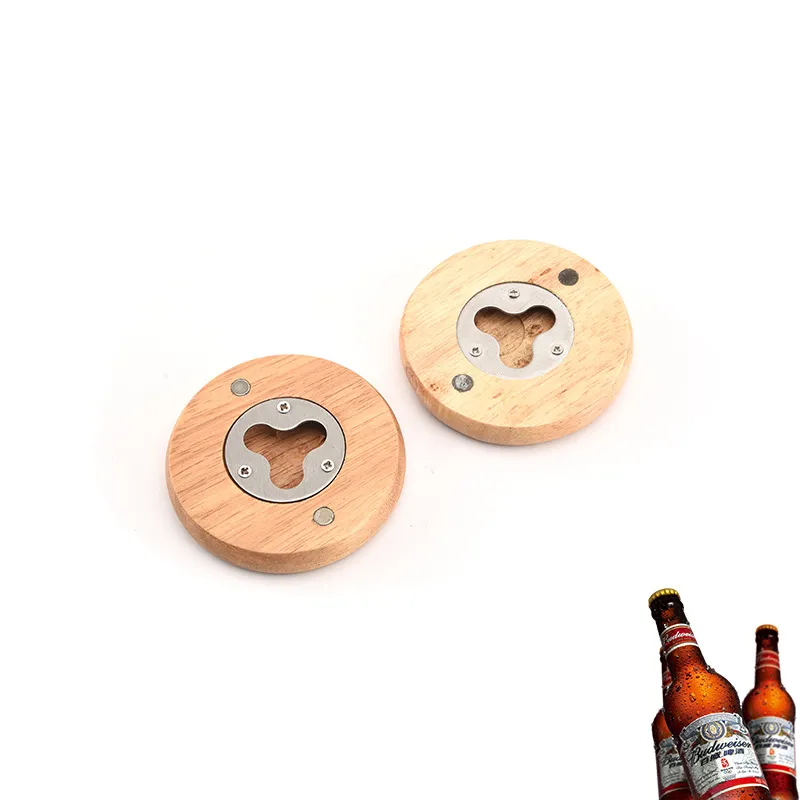 Nouveau En Bois Forme Ronde En Acier Inoxydable Décapsuleur Coaster Réfrigérateur Aimant Décoration Bière Décapsuleur Usine En Gros