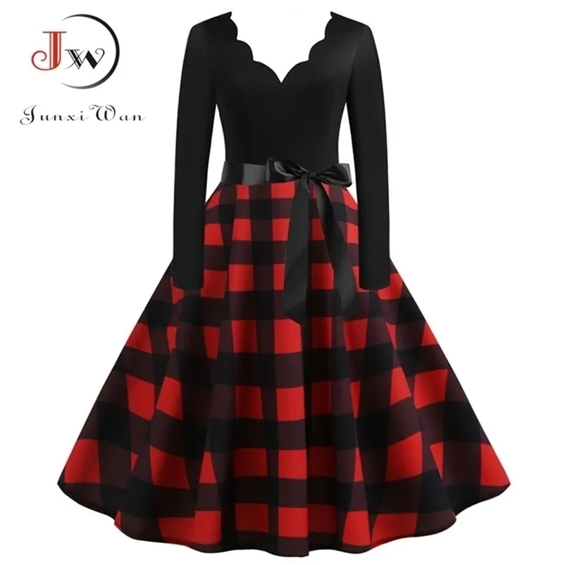 Kobiety Plaid Drukuj Zimowa Sukienka Czarny Z Długim Rękawem Vintage Christmas Party Pin Up Rockabilly Dress Robe Femme Plus Size S ~ 3XL 220317