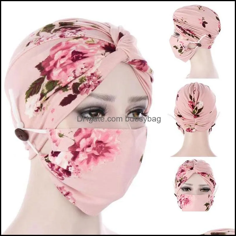 Berets Muslim Hijab Scarf Twist Bonnet Night Hat With Masks Floral Print Head Cover Mask India African Women Fashion Wraps Turban